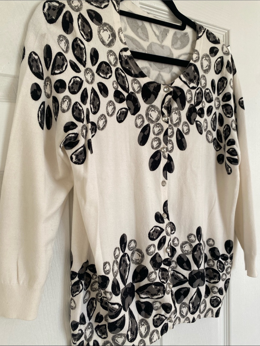 Joseph A White Cardigan with Black Gemstone Print and Rhinestone Buttons Size S - Picture 2 of 16